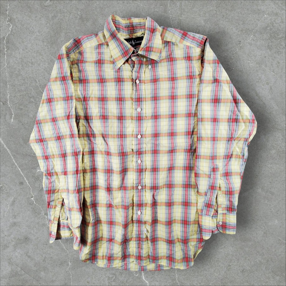 Vintage Ralph Lauren Button Down Shirt Mens 15.5-34 Yellow Plaid Long Sleeve 80s